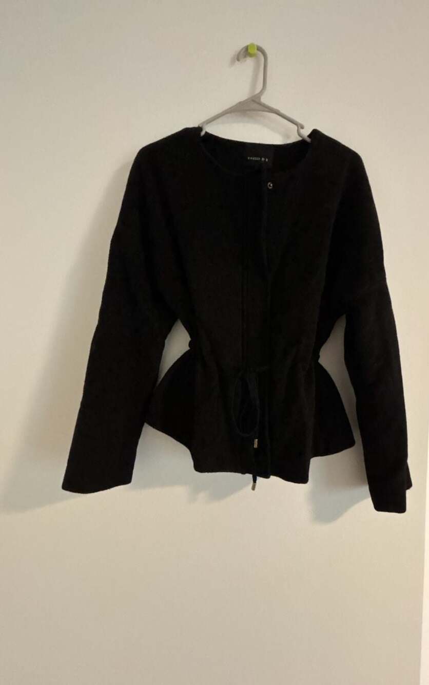 evette & k Women's Black Peplum Zip-Up Jacket with Drawstring Waist